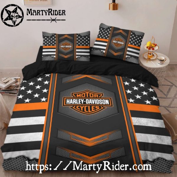 American Flag Grid Harley Davidson Bedding Set