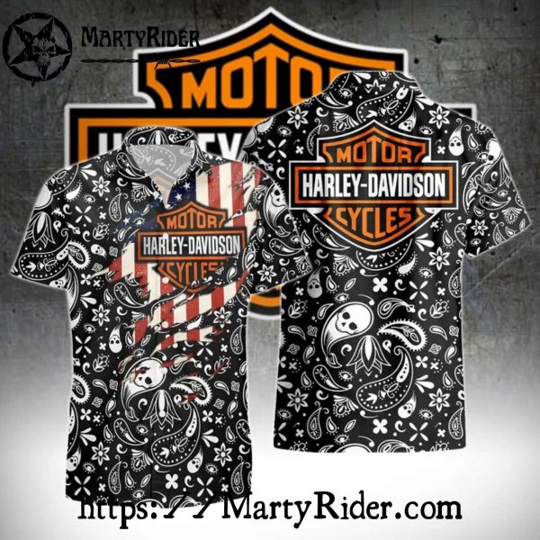 American Flag Paisley Skull Harley Davidson Aloha Shirt