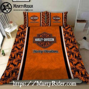 Bar and Shield Orange Harley Davidson Bedding Sets Full Bright Design