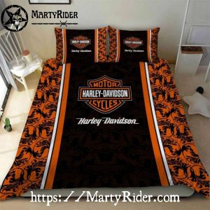 Bar and Shield Orange Harley Davidson Bedding Sets with Patterned Border