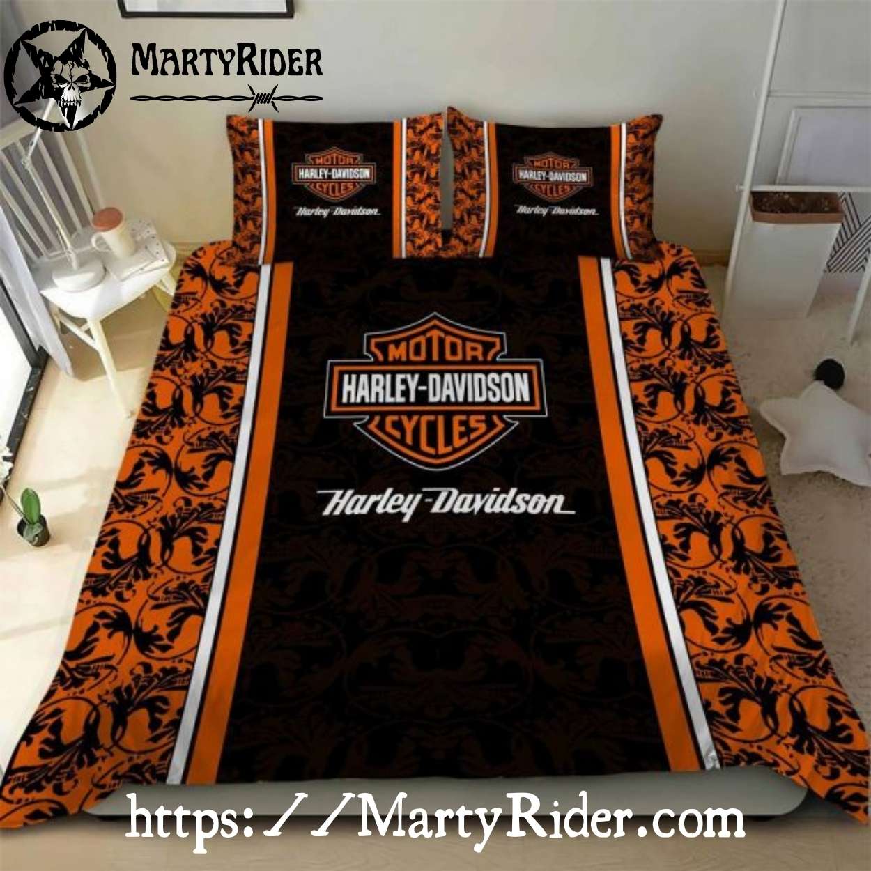Bar and Shield Orange Harley Davidson Bedding Sets with Patterned Border Bar and Shield Orange Harley Davidson Bedding Sets with Patterned Border