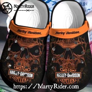 Barbed Skull Harley Davidson Crocs with Orange Strap