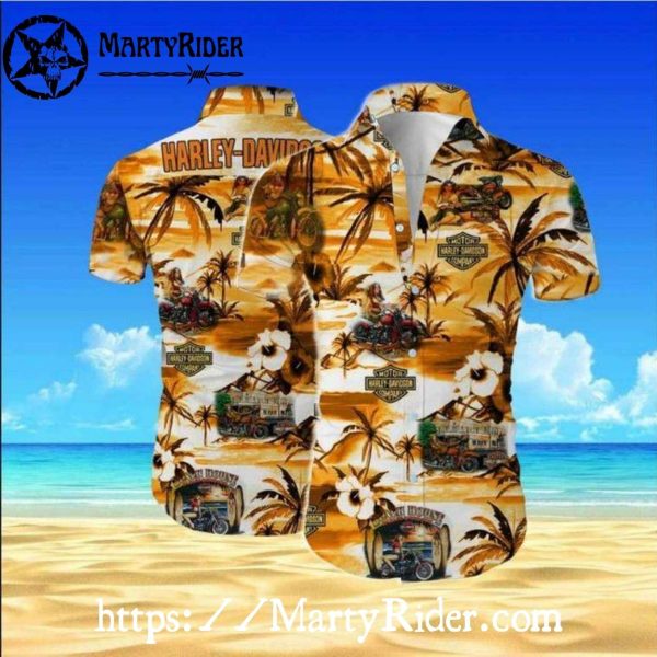Beach Riders And RV Harley Davidson Aloha Shirt Orange