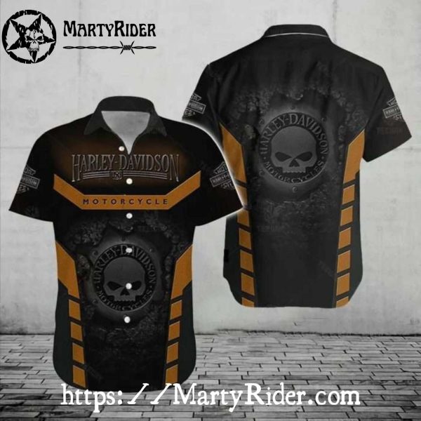 Black And Bronze Skull Badge Harley-Davidson Hawaiian Shirt