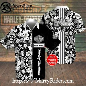 Black And White Floral Harley Davidson Aloha Shirt Custom Name