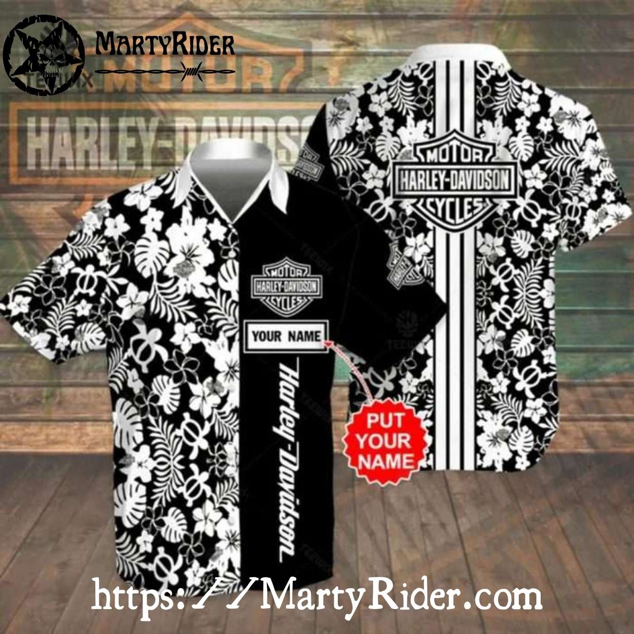 Black And White Floral Harley Davidson Aloha Shirt Custom Name Black And White Floral Harley Davidson Aloha Shirt Custom Name
