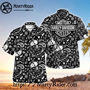 Black And White Paisley Skull Harley Davidson Aloha Shirt