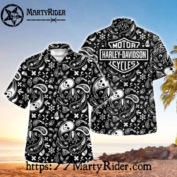 Black And White Paisley Skull Harley Davidson Aloha Shirt