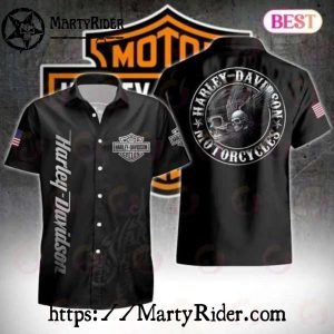 Black Classic Harley Davidson Hawaiian Shirt With Skull Seal