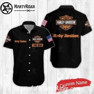 Black Harley Davidson Aloha Shirt With American Flag And Custom Name