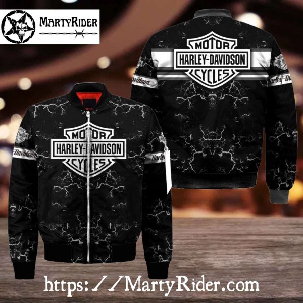 Black Marble Texture Harley Davidson Bomber Jacket