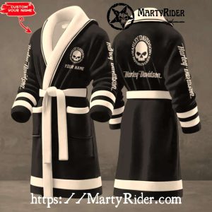 Black Skull Print Harley Davidson Bathrobes Clean Trim