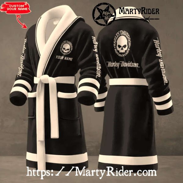 Black Skull Print Harley Davidson Bathrobes Clean Trim