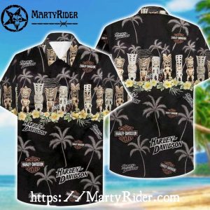 Black Tiki Totem Harley Davidson Aloha Shirt With Palms