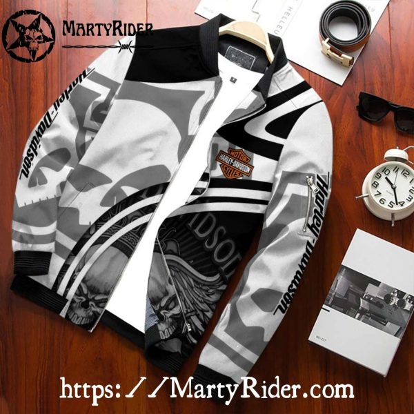 Black White Skull Wings bomber jacket Harley Davidson Style