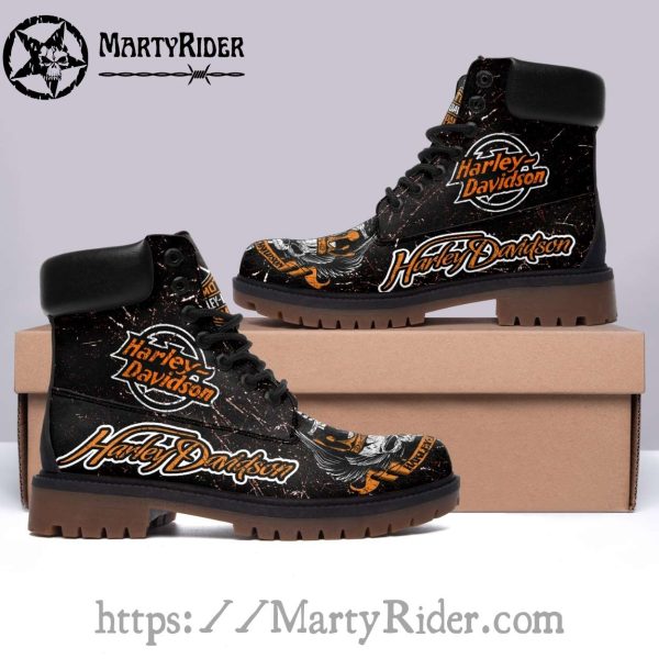 Black and Orange Logo Harley Davidson Timberland Boots
