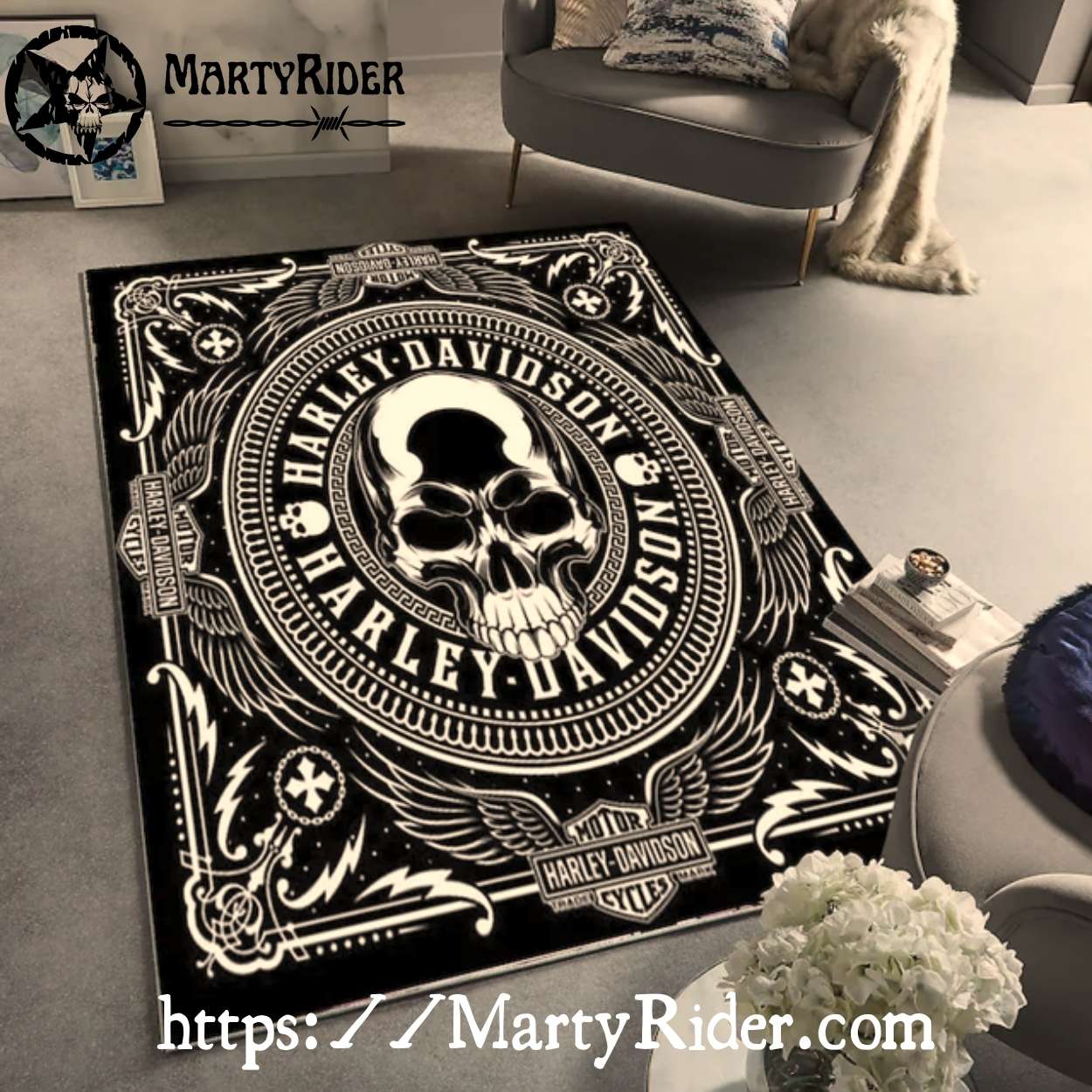 Black and White Skull Crest Harley Davidson Rugs Black and White Skull Crest Harley Davidson Rugs
