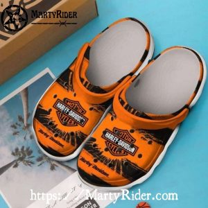 Blazing Orange Harley Davidson Crocs with Black Splash Art