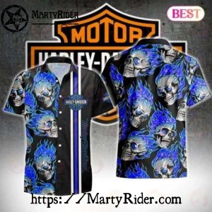 Blue Flame Skulls Pattern Harley Davidson Hawaiian Shirt