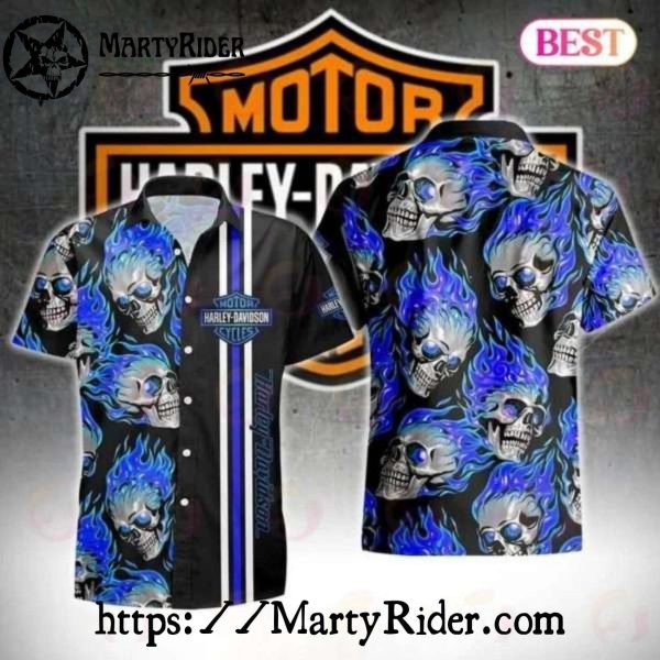 Blue Flame Skulls Pattern Harley Davidson Hawaiian Shirt