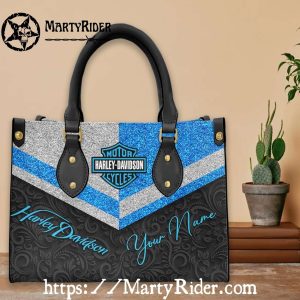 Blue Glitter Custom Harley Davidson Leather Tote Bag