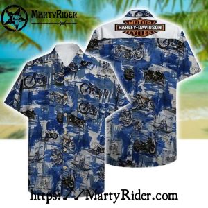 Blue Motorcycle Collage Harley Davidson Hawaiian Shirt