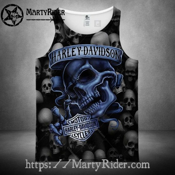 Blue Skull Pattern Harley Davidson Tank Top Look
