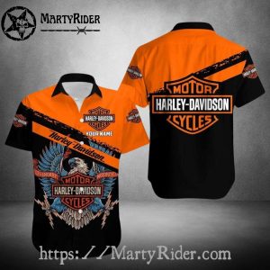 Bold Orange Eagle Harley Davidson Aloha Shirt With Custom Name