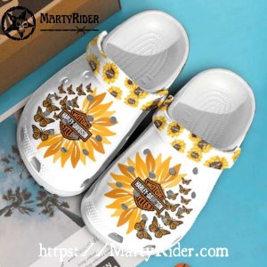 Butterfly Sunflower Harley Davidson Crocs in White