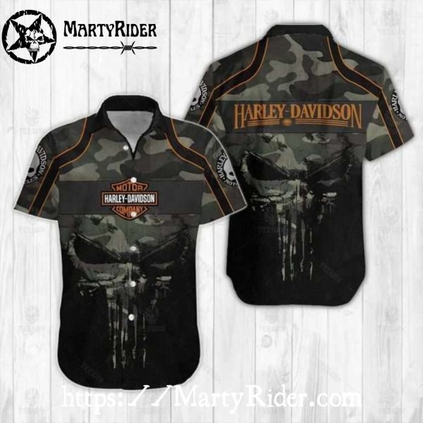 Camo Punisher Skull Harley Davidson Aloha Shirt For Riders