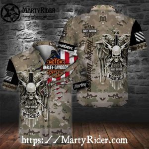 Camo Skull Wings Harley Davidson Hawaiian Shirt Military