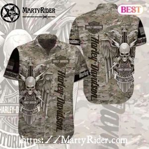 Camouflage Skull And Swords Harley Davidson Aloha Shirt