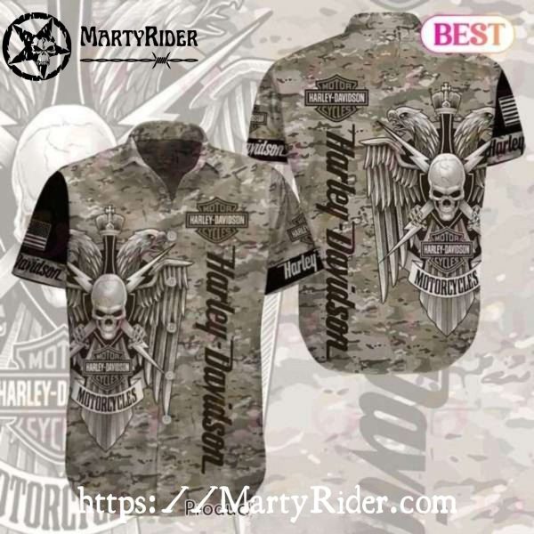Camouflage Skull And Swords Harley Davidson Aloha Shirt