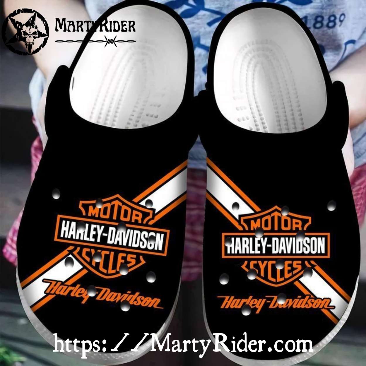 Classic Black Harley Davidson Crocs with Bold Stripe Style Classic Black Harley Davidson Crocs with Bold Stripe Style