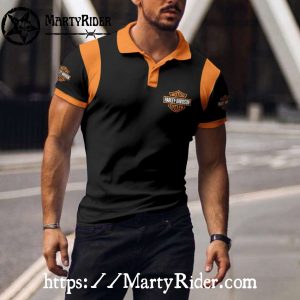 Classic Black Harley Davidson Polo Shirt with Orange Trim