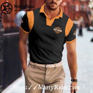 Classic Black Harley Davidson Polo Shirt with Orange Trim