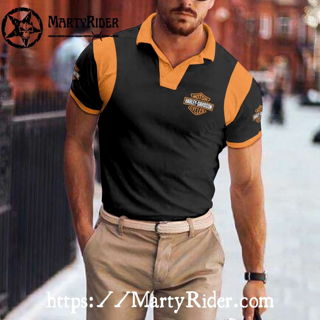 Classic Black Harley Davidson Polo Shirt with Orange Trim Classic Black Harley Davidson Polo Shirt with Orange Trim