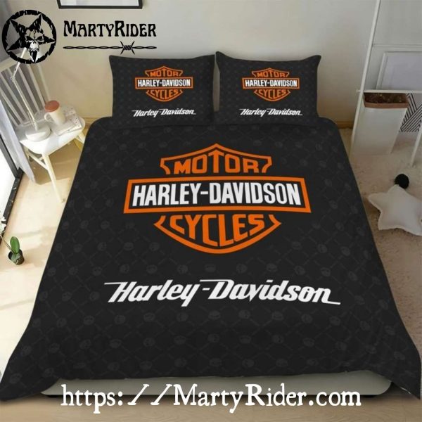 Classic Black Orange Harley Davidson Bedding Sets Logo Style