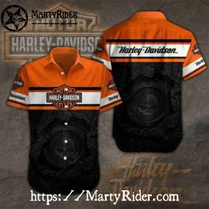 Classic Orange Stripe Skull Harley Davidson Aloha Shirt