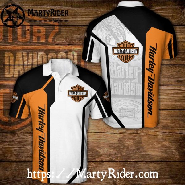 Color Blocked Harley Davidson Polo Shirt in White and Gold