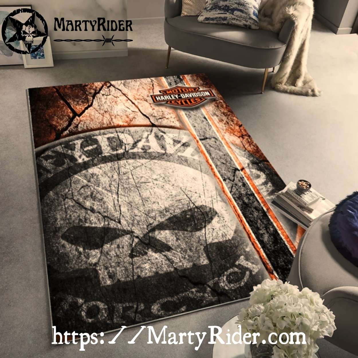 Cracked Stone Skull Emblem Harley Davidson Rugs Cracked Stone Skull Emblem Harley Davidson Rugs
