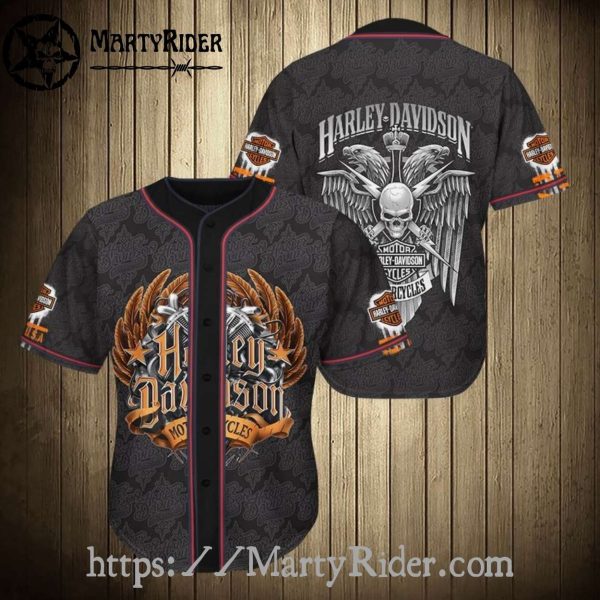 Crowned Skull Wings Harley Davidson Baseball Shirt Badass