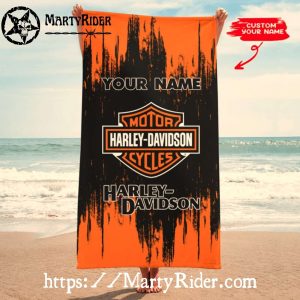 Custom Name Orange Harley Davidson Beach Towels