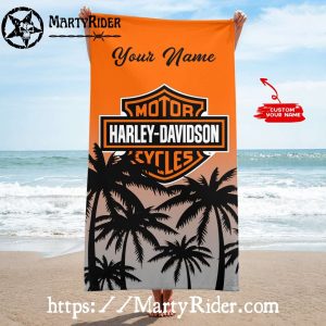 Custom Name Palm Tree Harley Davidson Beach Towels