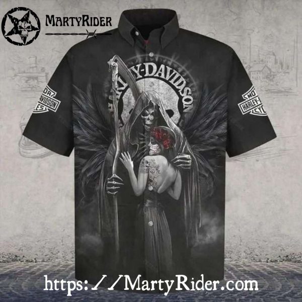 Dark Angel And Rose Skull Harley Davidson Aloha Shirt
