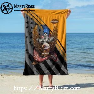 Eagle and Flag Under God Harley Davidson Beach Towels