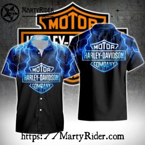 Electric Blue Lightning Harley Davidson Aloha Shirt