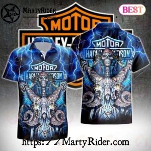 Electric Blue Skull Harley Davidson Hawaiian Shirt With Ram Horns