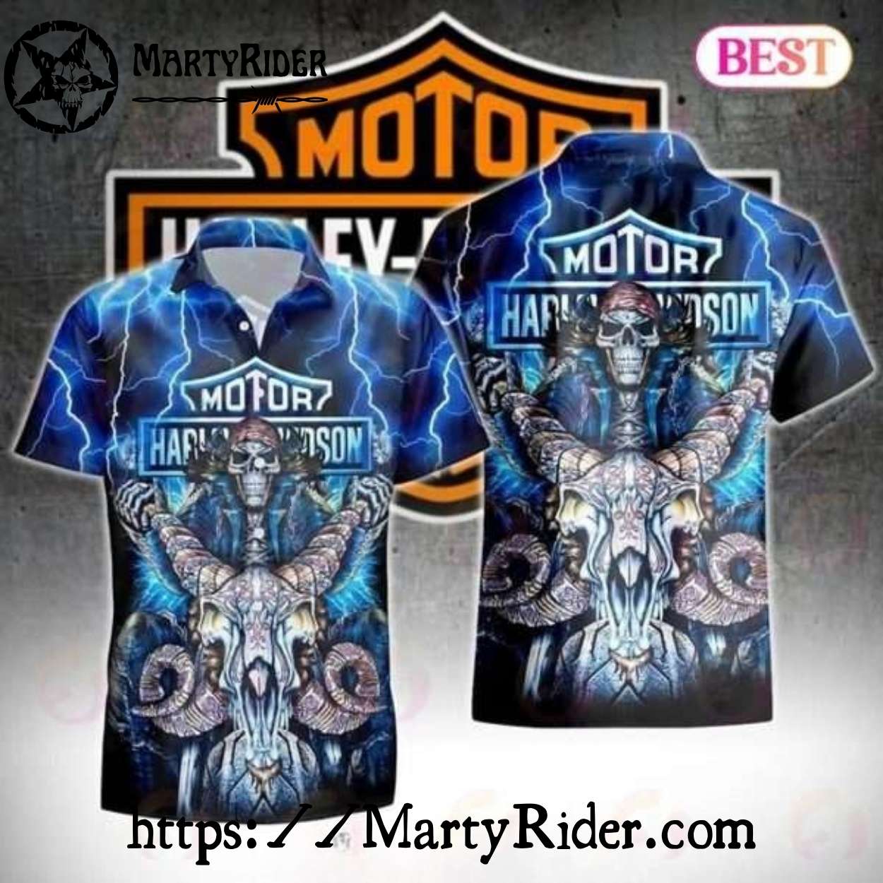 Electric Blue Skull Harley Davidson Hawaiian Shirt With Ram Horns Electric Blue Skull Harley Davidson Hawaiian Shirt With Ram Horns
