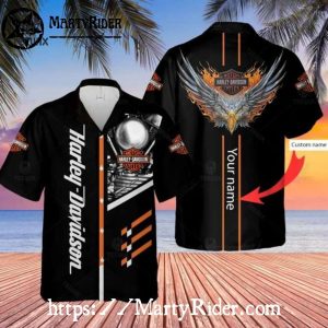 Engine Graphic Harley Davidson Aloha Shirt With Flaming Eagle Back